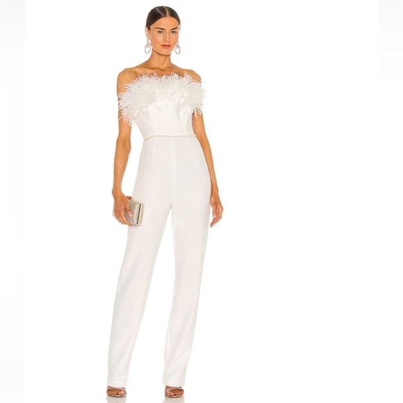 Bronx and Banco Pants - Bronx and Banco Lola Blanc Feather Jumpsuit Womens 6 Medium White Luxury NWT